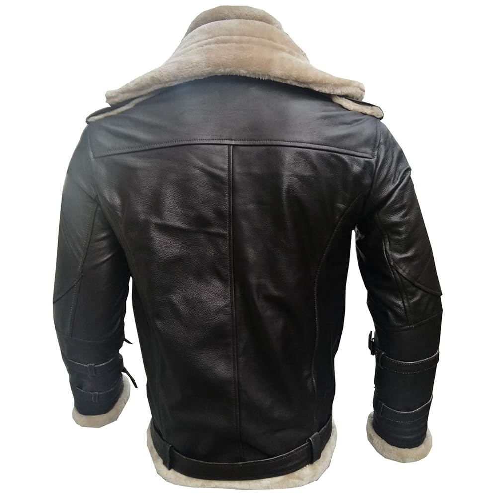 Unisex Moto Sheepskin Fur Double Collar Brown Aviator Bomber